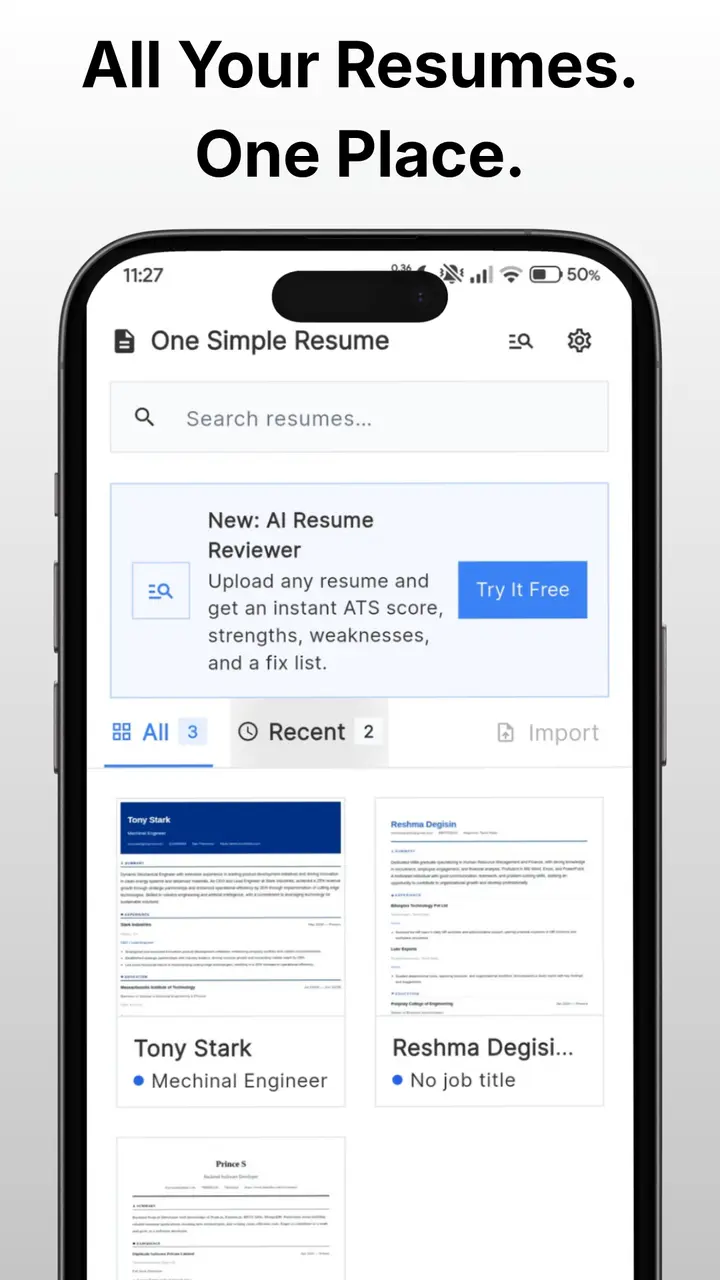 One Simple Resume Android app dashboard showing all saved resumes in one place