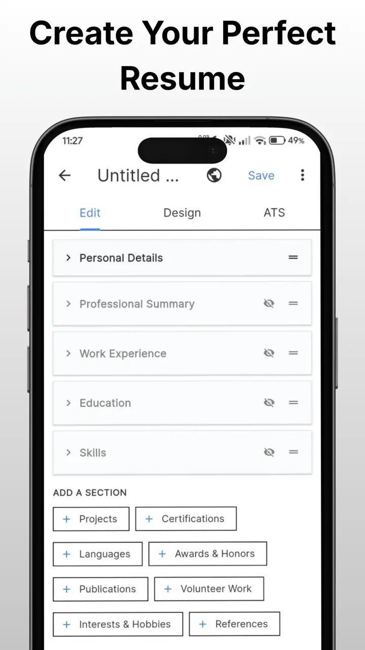 Resume section editor in the Android resume builder app — personal details, experience, education, skills