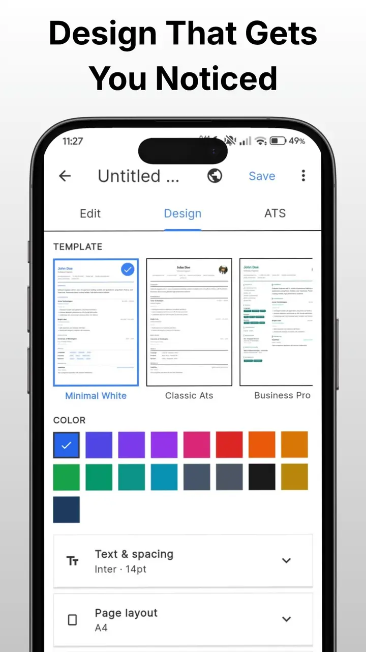 Resume template and color picker in the One Simple Resume Android app