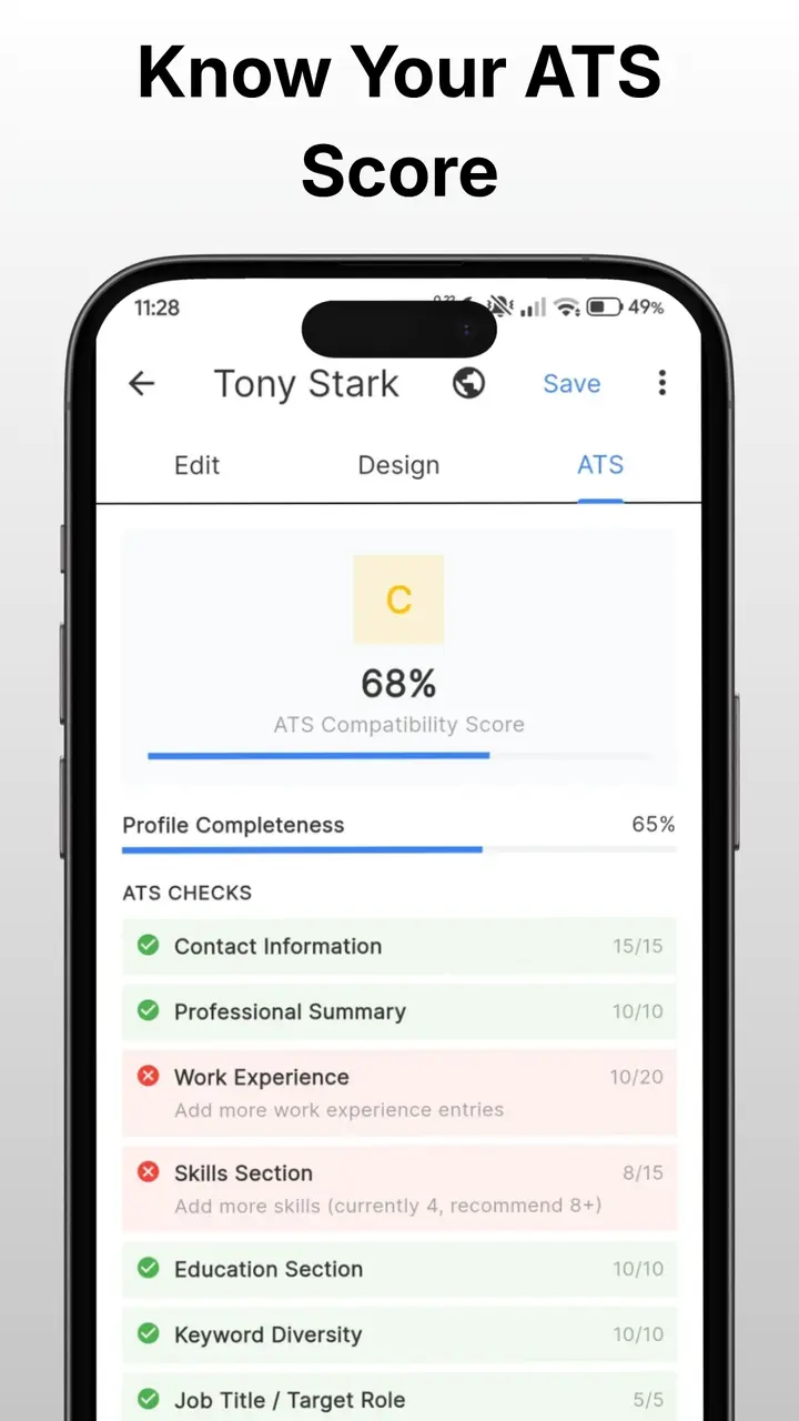 ATS compatibility score screen showing a 68 percent score and section-by-section checks