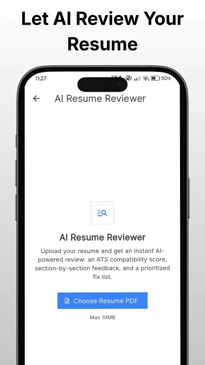 AI resume reviewer upload screen in the Android resume builder app