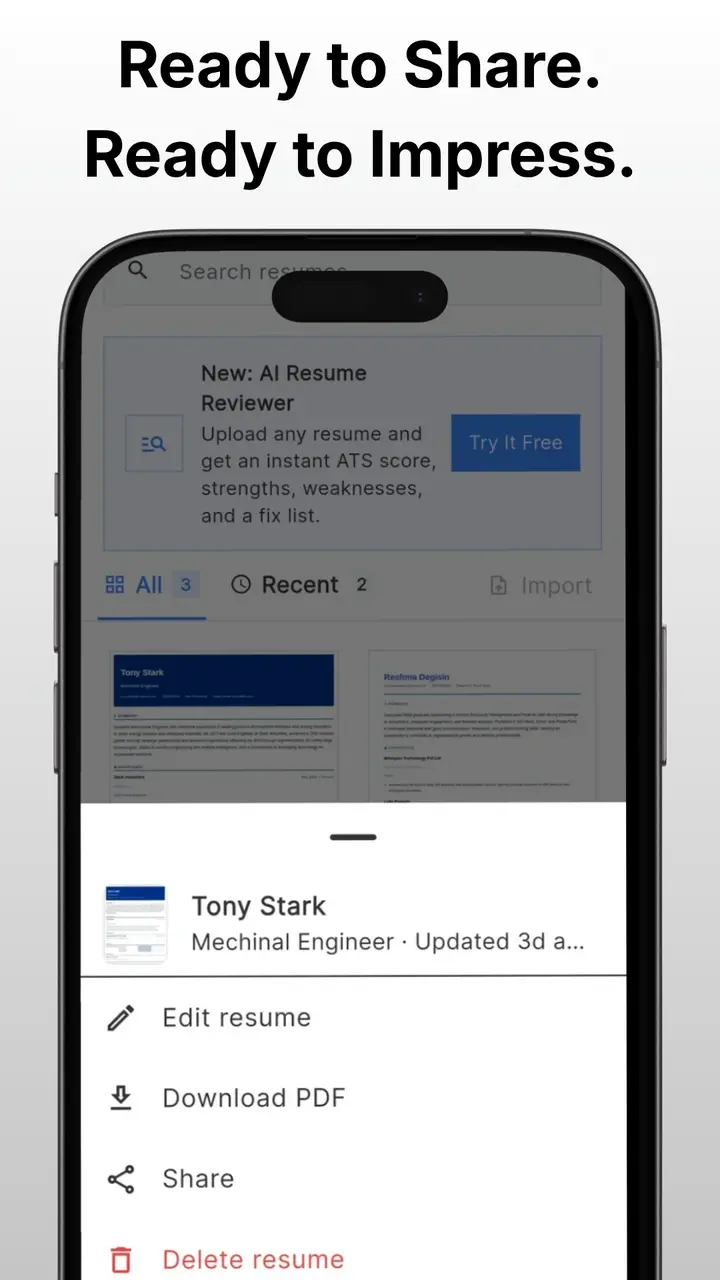 Resume action menu in the Android app — edit, download PDF, share, or delete a resume