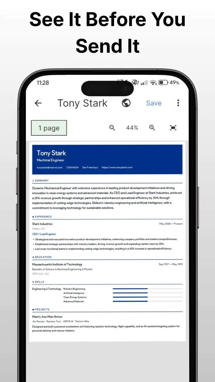 One Simple Resume Android app showing a live resume PDF preview