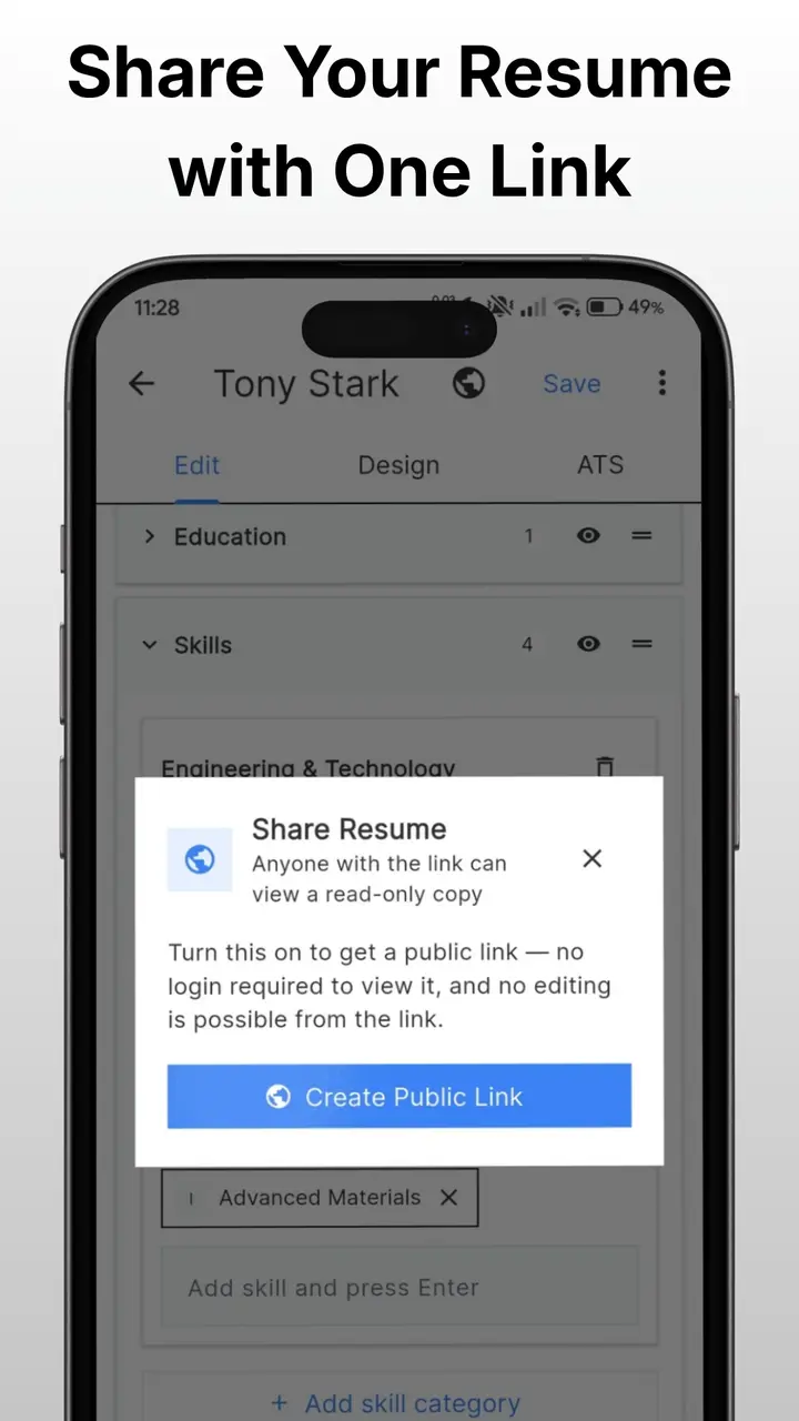 Create public link dialog for sharing a resume from the Android app